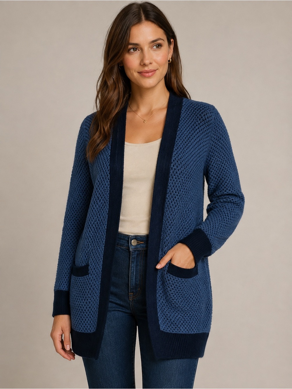 L.L. Bean Blue Organic Cotton Textured Knit Cardigan L